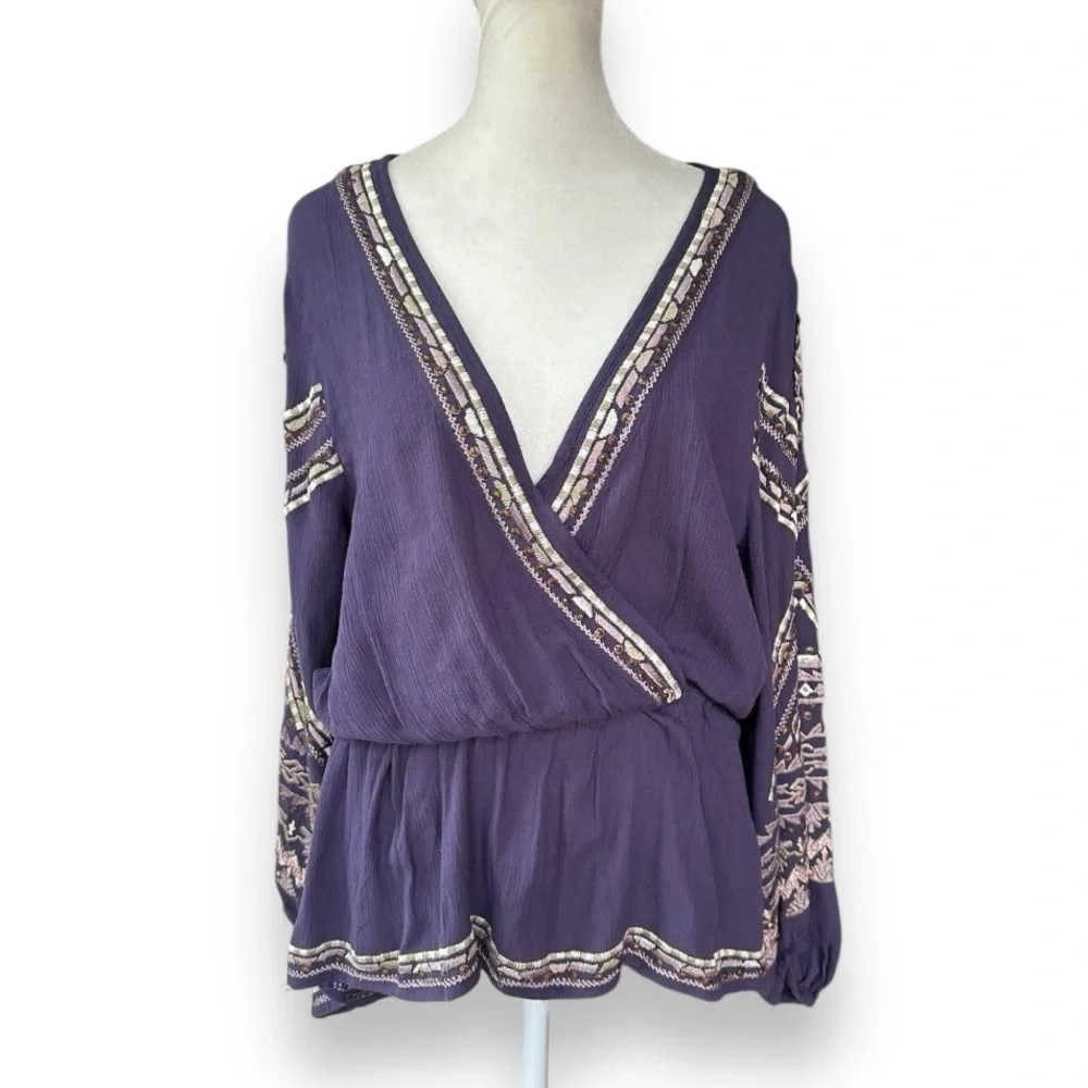 Free People Stitch Up Your Heart Purple Beaded Embroidered Blouse | Size Medium